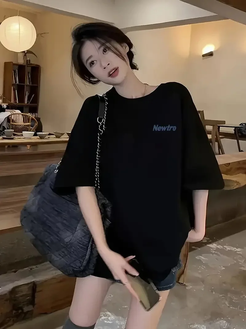 Newtro Baskılı Oversize Bisiklet Yaka T-shirt - Siyah -