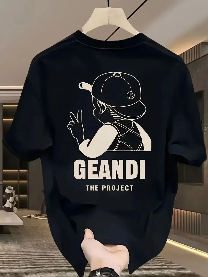 Geniş Kesim Pamuklu Tişört - "GANDHI The Project" Baskılı,- Siyah -