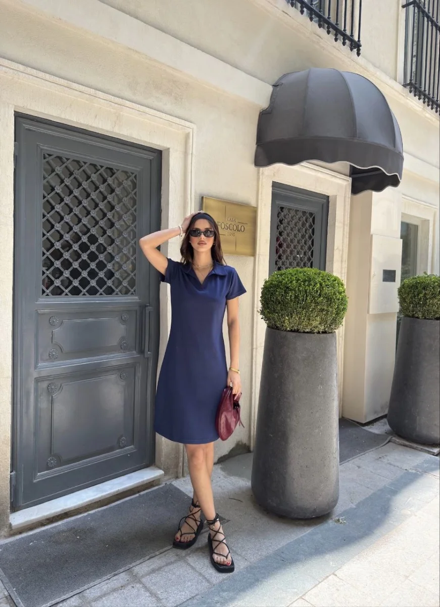 Osy Modal Yumuşak Dokulu Kumaş Yakalı Kısa Kollu Elbise - Mavi -