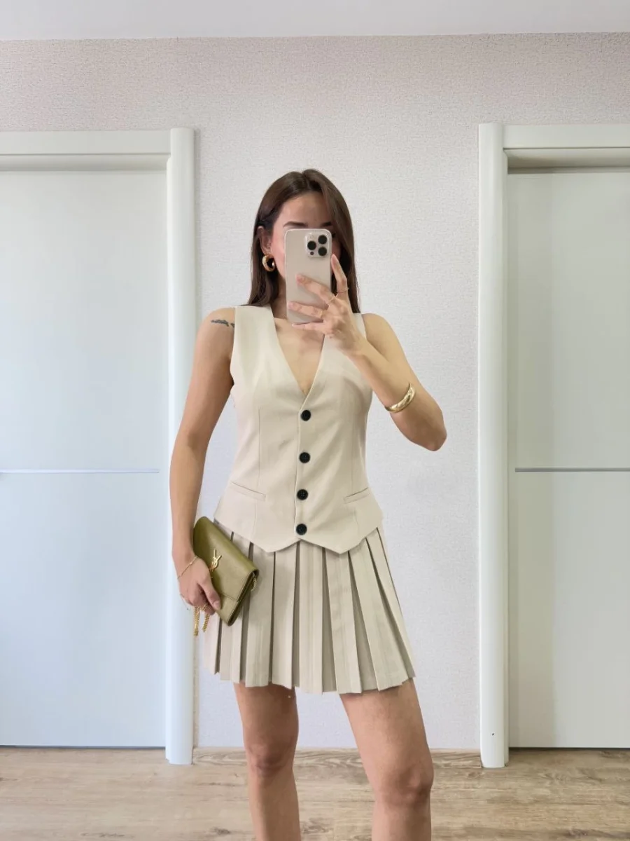 Keten Takım Görünümlü Düğme Detaylı Yelekli Mini Elbise - Bej -