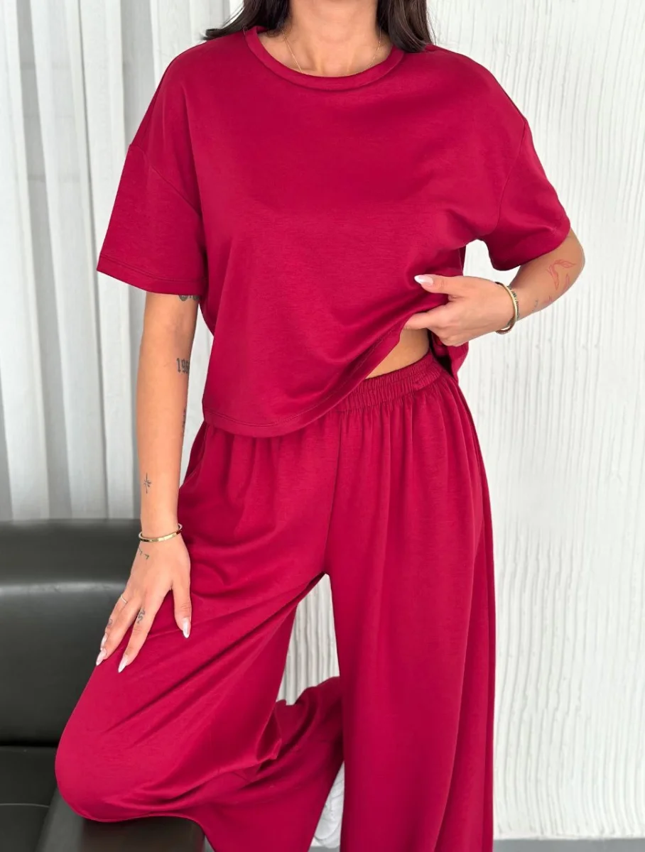 Osy Modal Yumuşak Dokulu Kumaş Bisiklet Yaka T-shirt Bol paça Pantalon ikili Takım -Bordo -