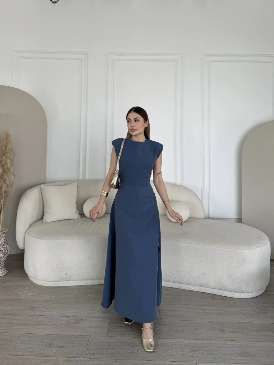 Keten Yandan Yırtmaçlı Uzun Elbise Sıfır Kol Elbise - Mavi -