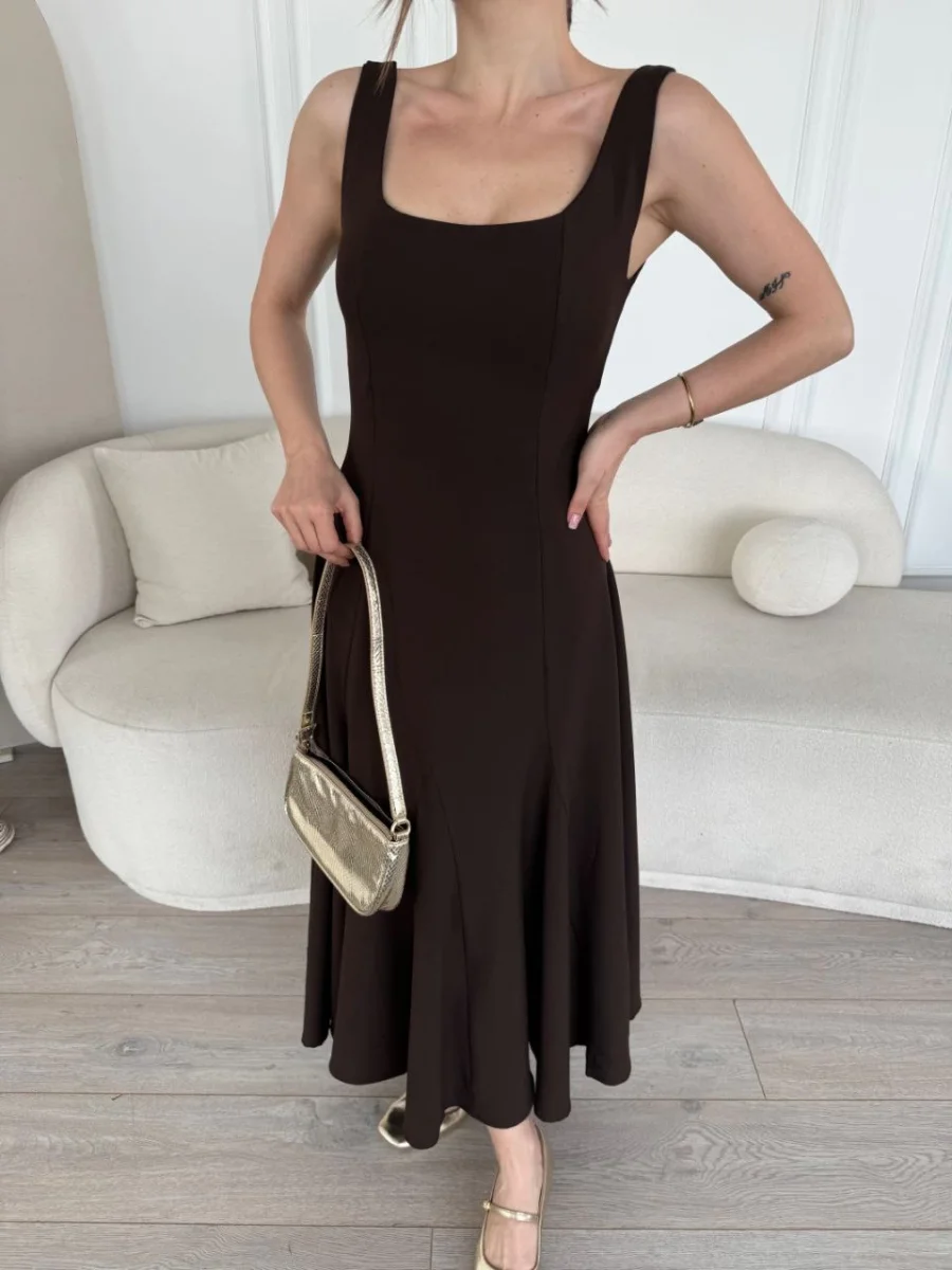 Sırt Dekolteli Kolsuz Uzun Elbise - Kahverengi -