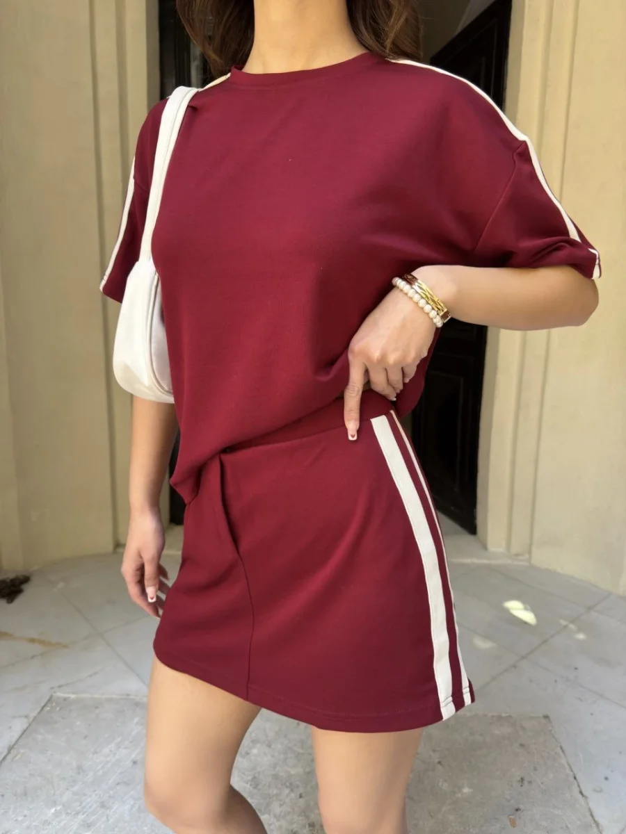 Osy Modal yumuşak dokulu Kumaş Mini Şortlu Etek İkili Takım -Bordo -