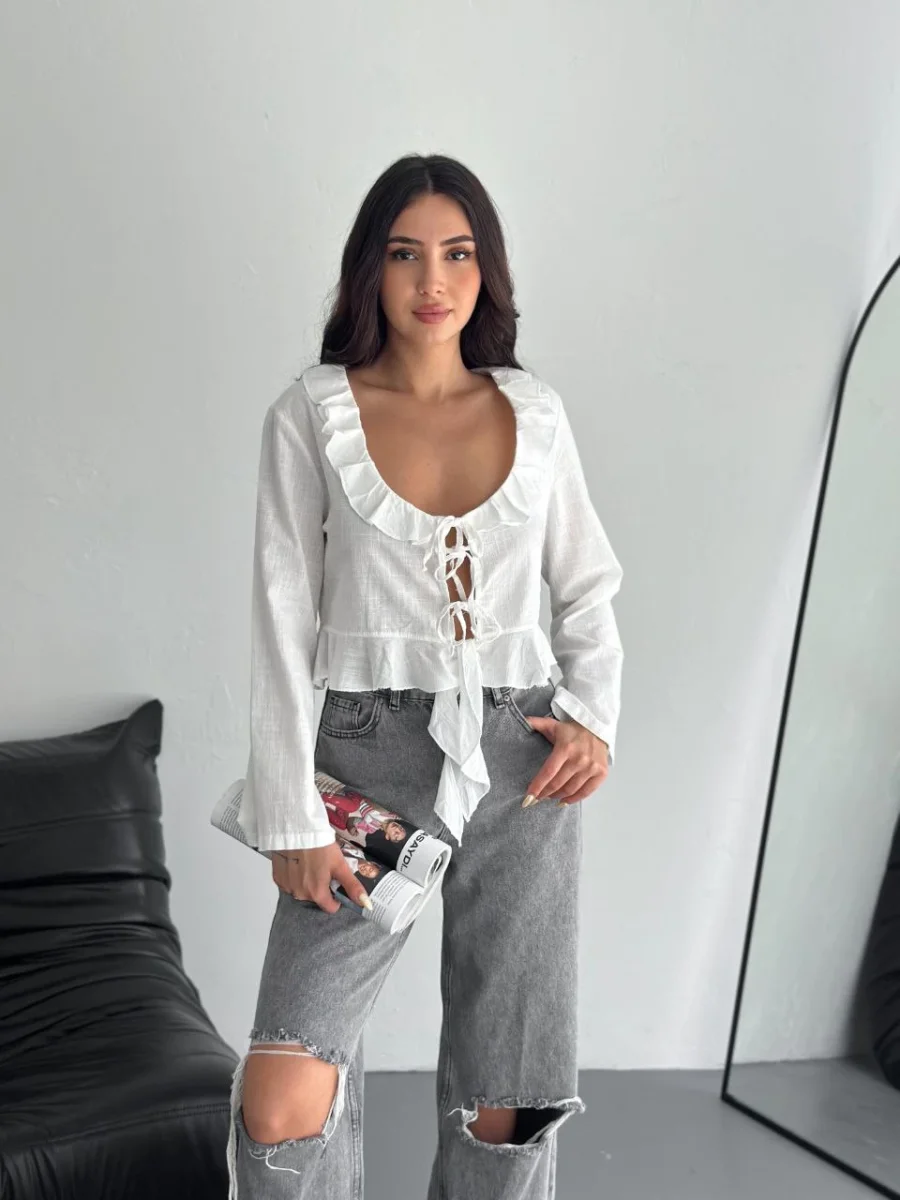 Keten Uzun Kol Bağacık Detaylı Bluz - Beyaz -