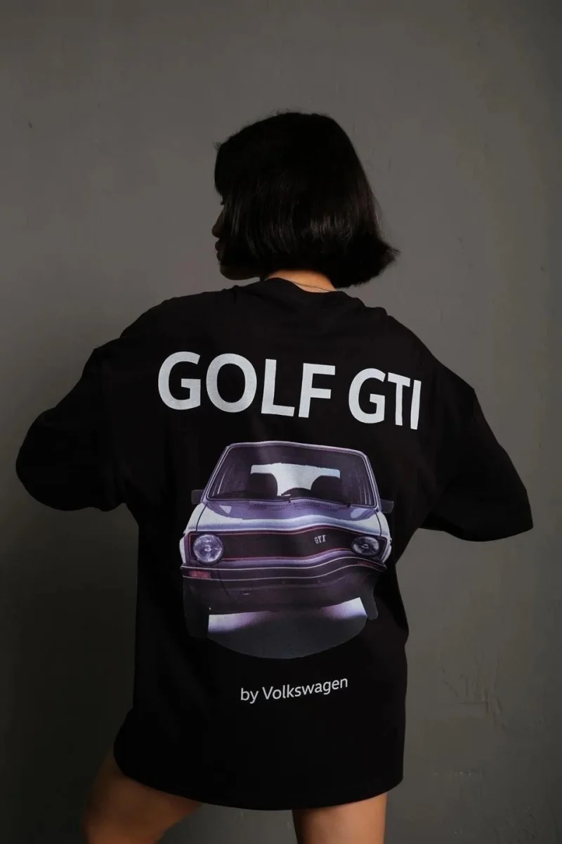 Oversize Baskılı Tişört – Golf GTI Retro Araba Desenli,  Siyah -
