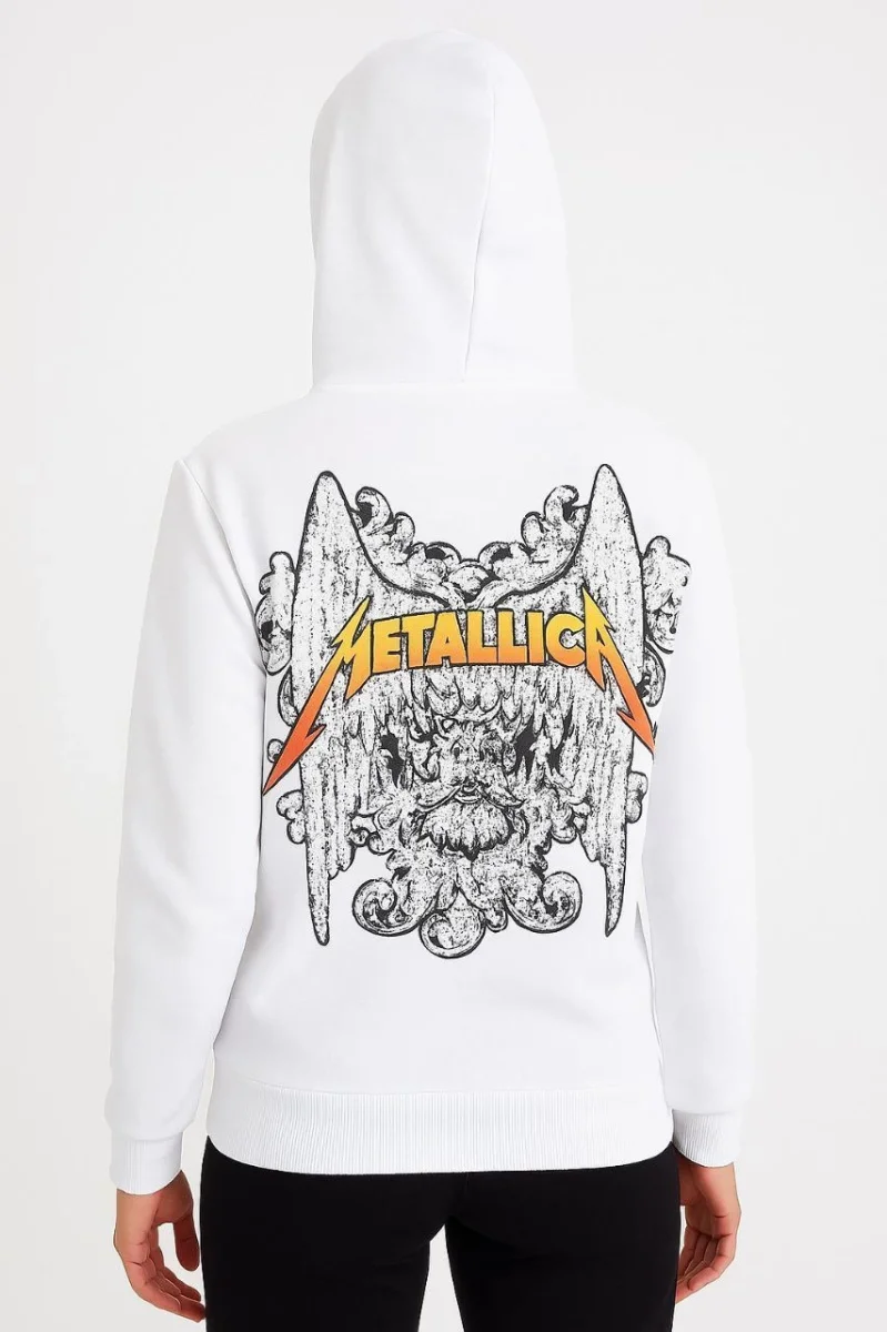 Metallica İki İplik Kapüşonlu Ön ve Arka Baskılı hoodie - Beyaz -