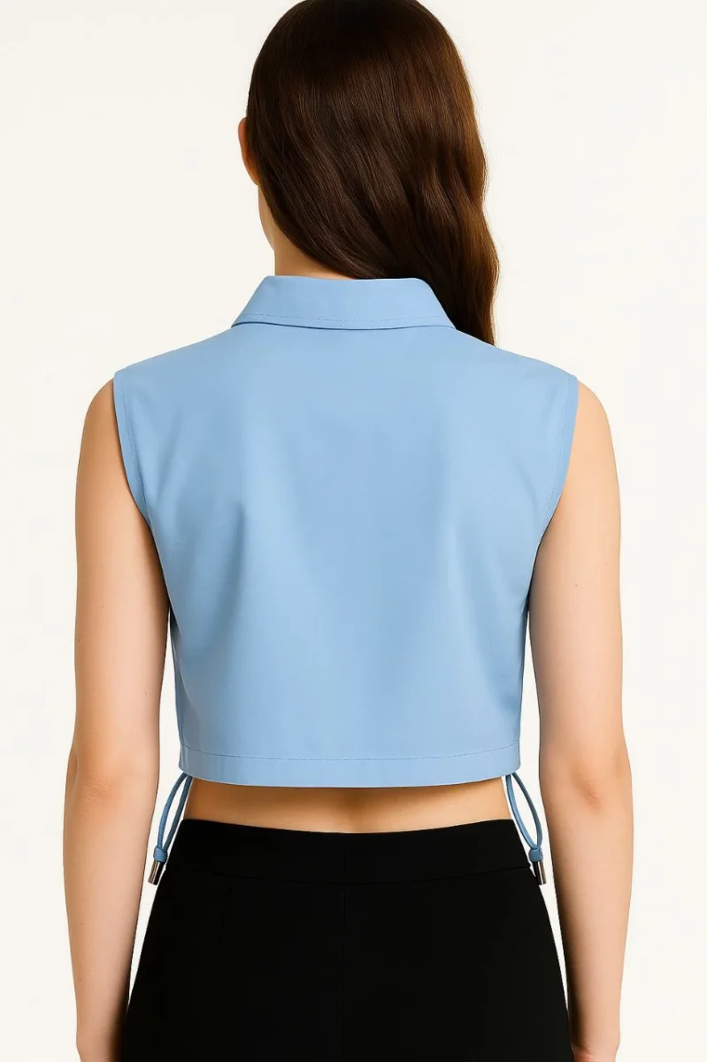 Crop Poplin Gömlek Yalancı Cepli, Ayarlanabilir Yan Kordonlu, - Bebe Mavisi -