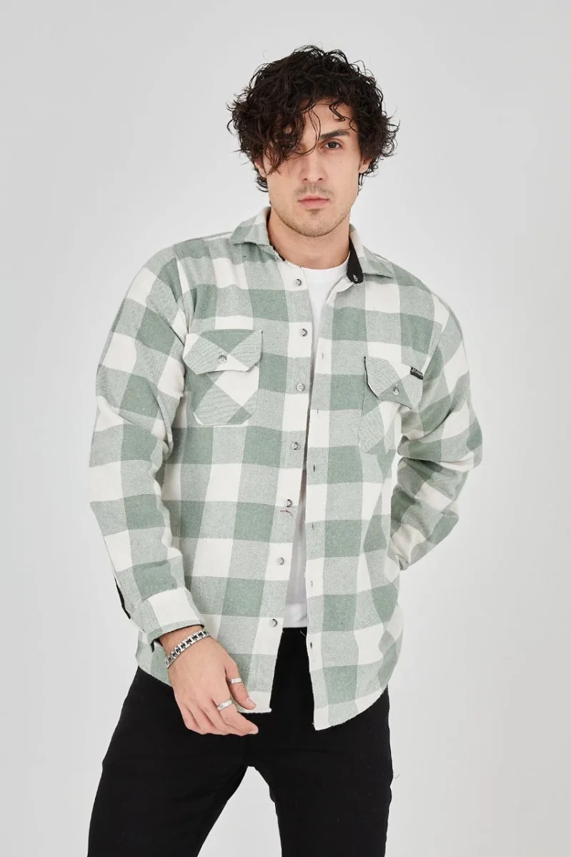 Uzun Kollu Oduncu Gömlek - Mint yeşili -