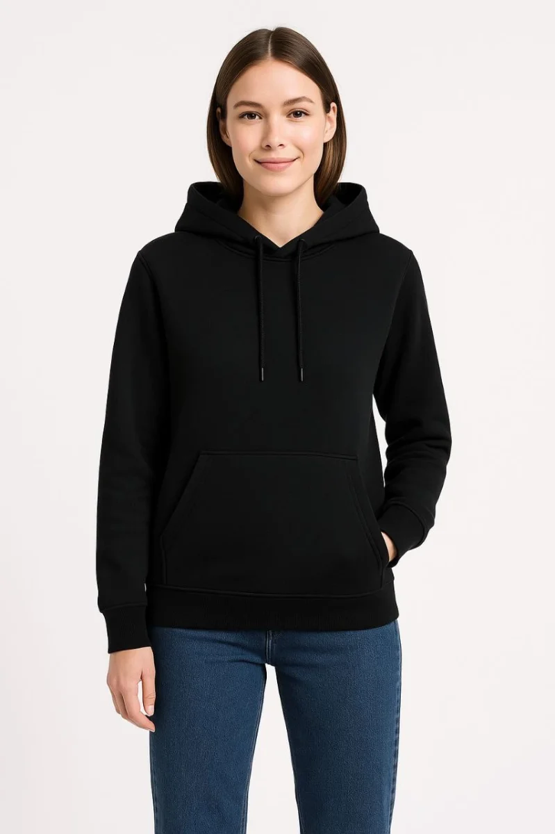 Üç İplik Kapüşonlu Kanguru Cepli Sweatshirt hoodie - Siyah -