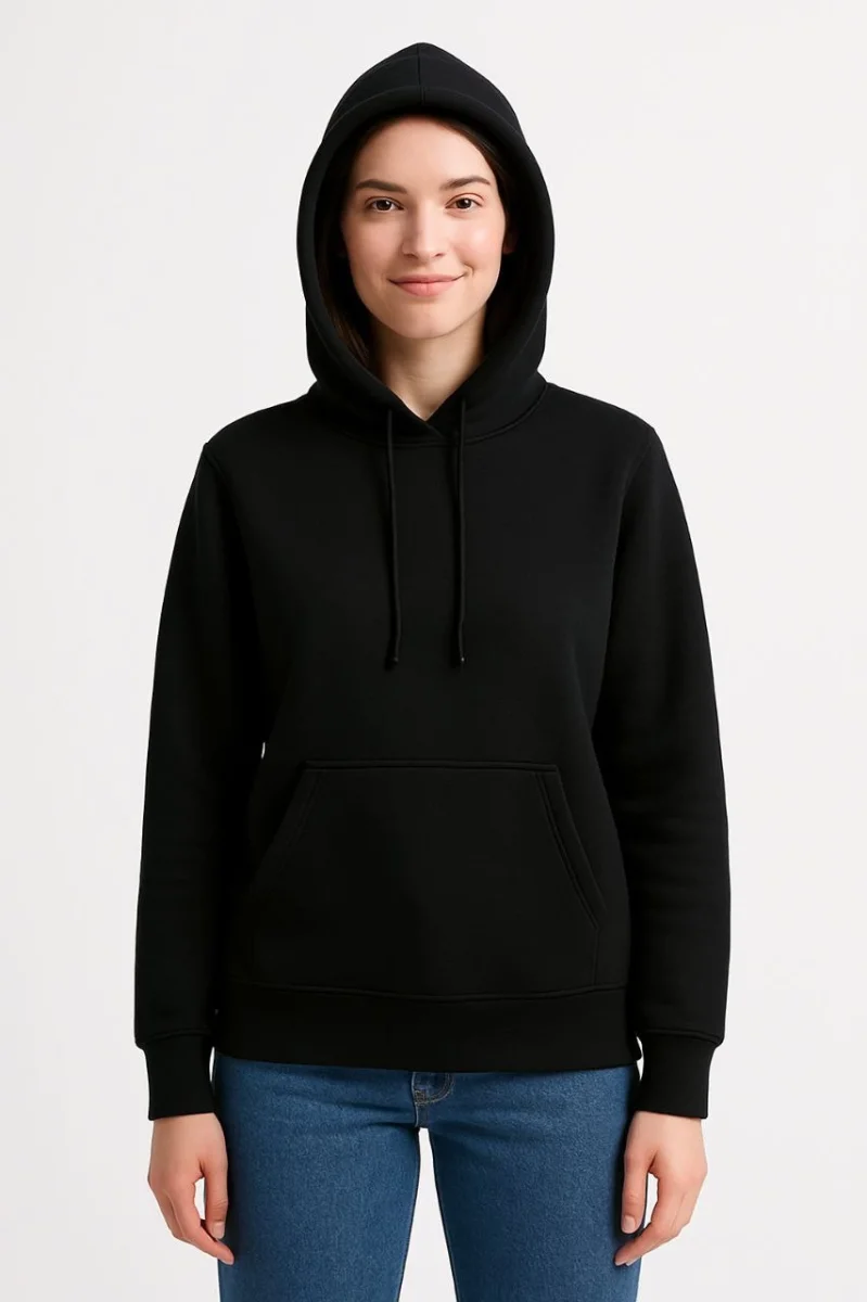 Üç İplik Kapüşonlu Kanguru Cepli Sweatshirt hoodie - Siyah -