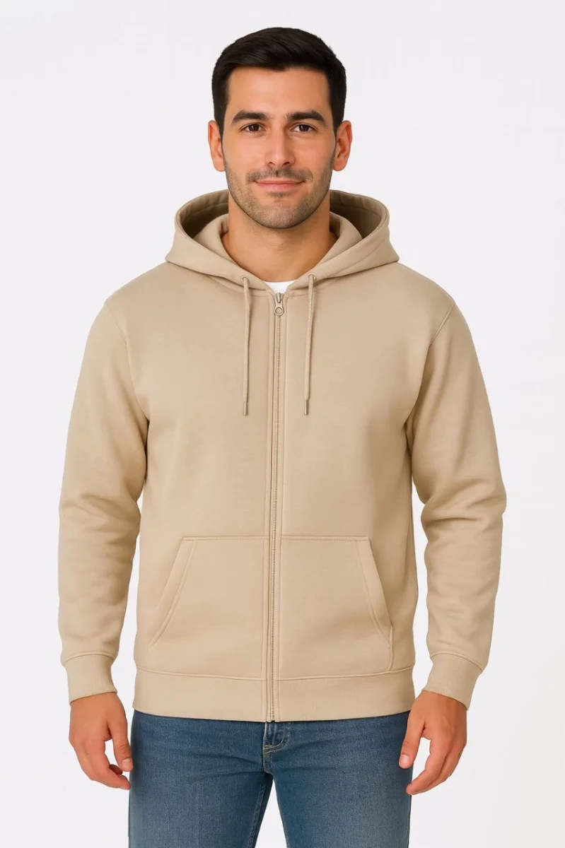 Üç İplik Kapüşonlu Tam Fermuarlı Kanguru Çepli SweatShirt Hoodie - Bej -