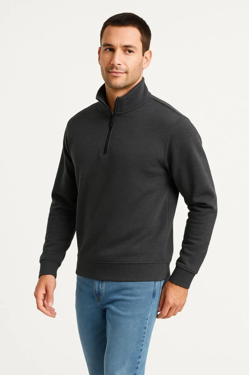 Dik Yaka Sweatshirt Dik Yaka Yarım Fermuarlı 3 İplik Şardonlu Pamuk Kumaş - Antrasit -