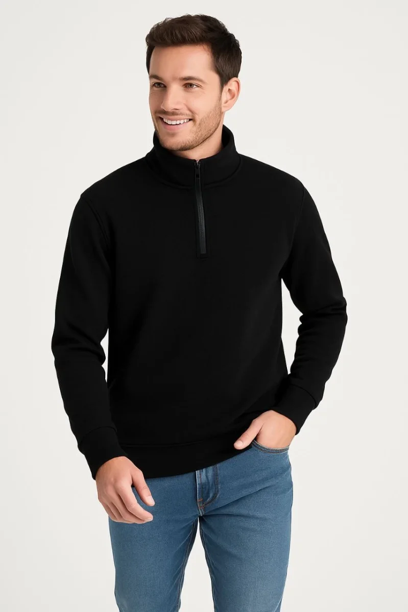 Dik Yaka Sweatshirt Dik Yaka Yarım Fermuarlı 3 İplik Şardonlu Pamuk Kumaş - Siyah -
