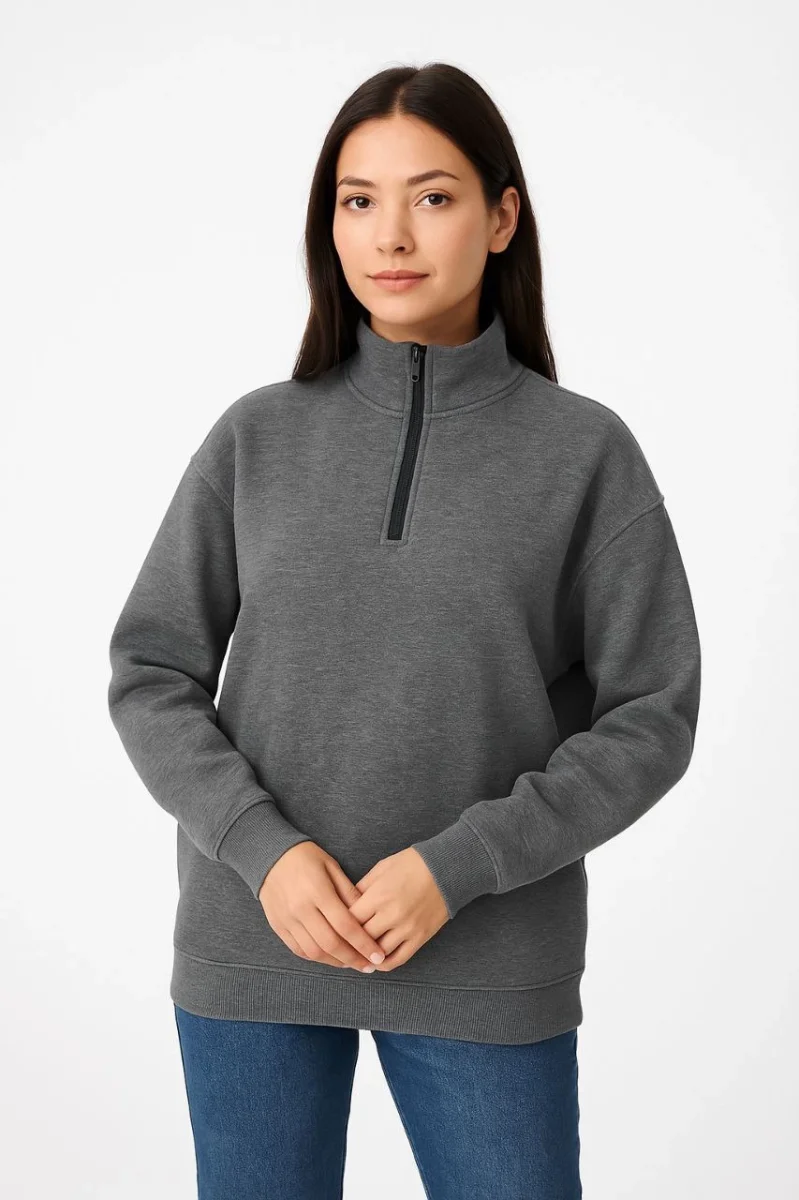 Üç İplik Dık Yaka Yarım Fermuarlı SweatShirt - Antrasit -