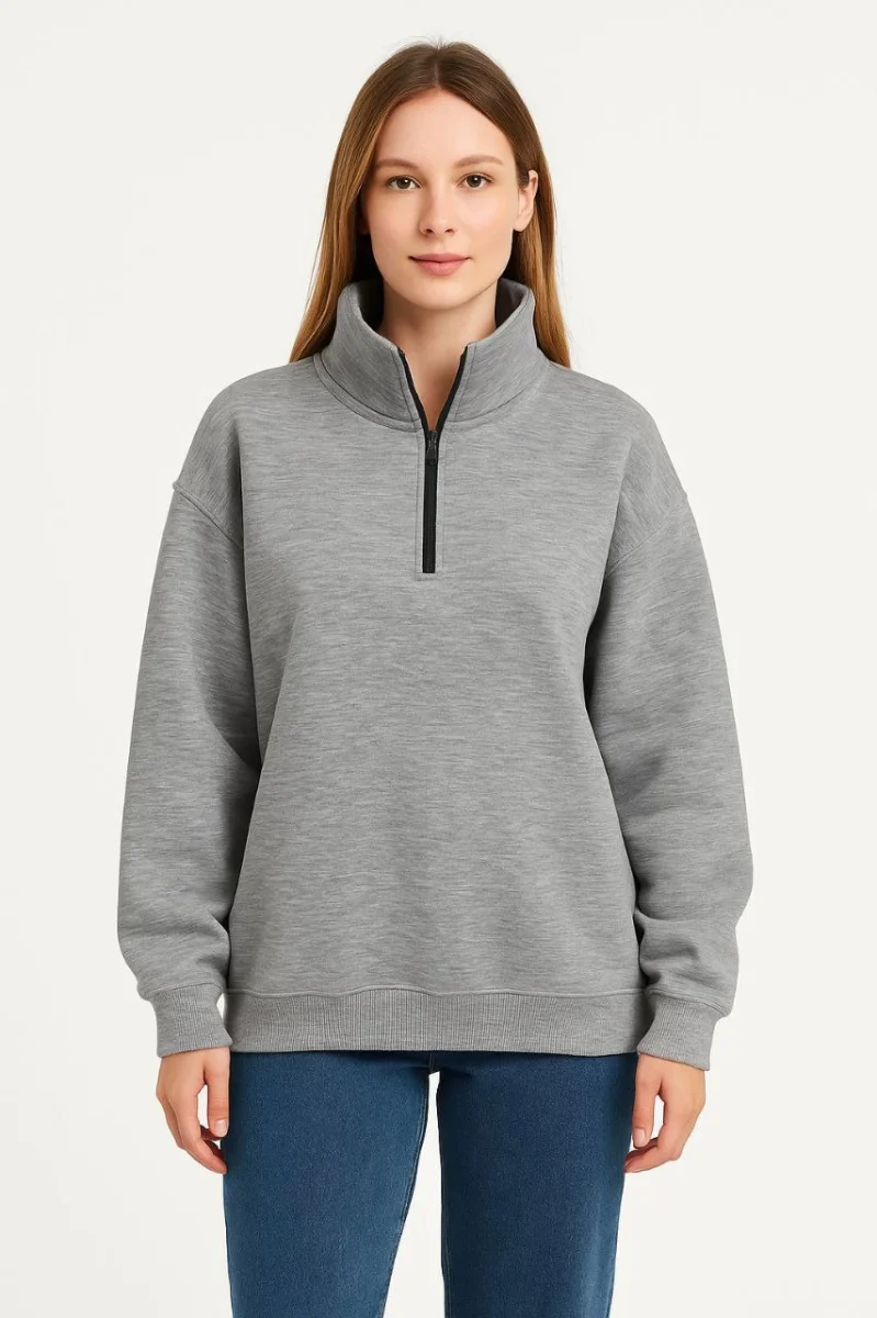 Üç İplik Dık Yaka Yarım Fermuarlı SweatShirt - Gri -