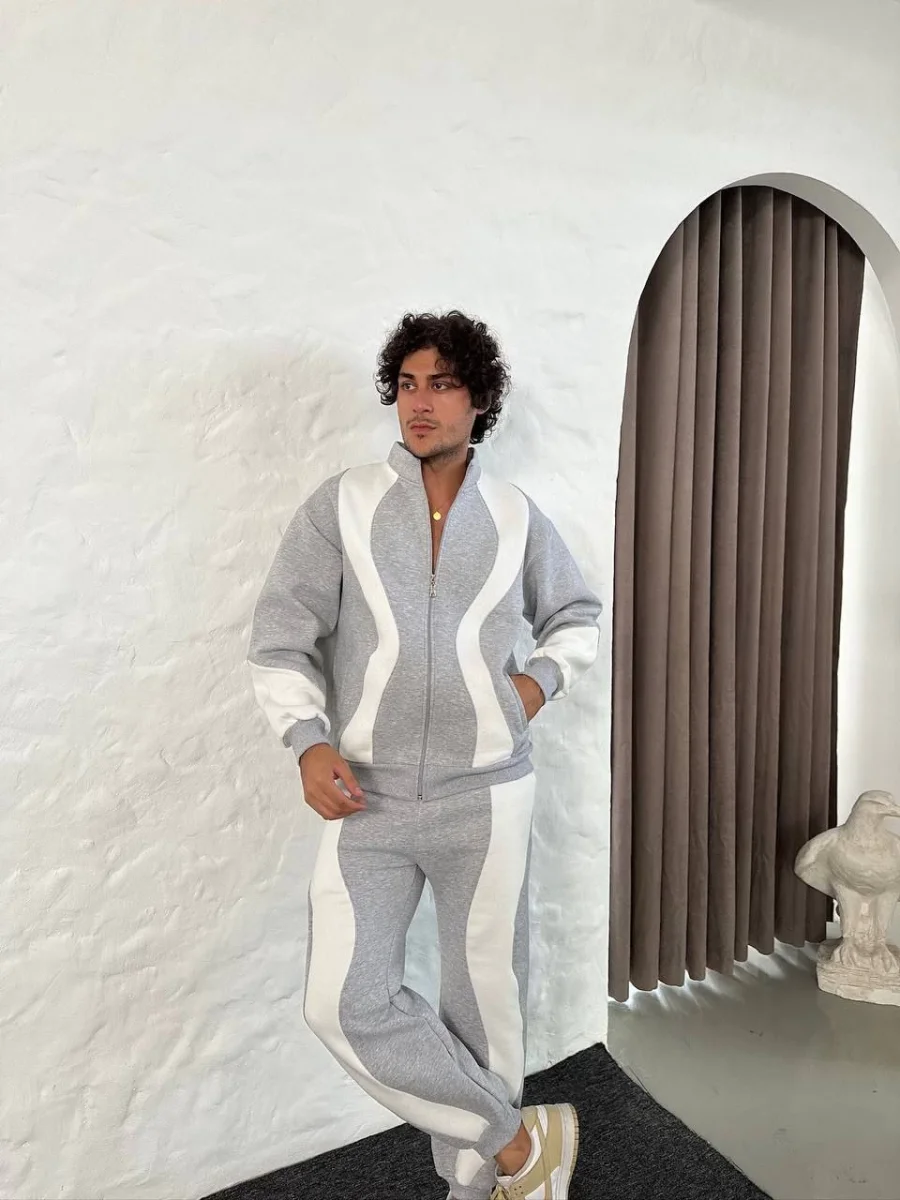 Premium Parçalı Eşofman Takım - Dik Yaka Fermuarlı Sweatshirt, - Gri -