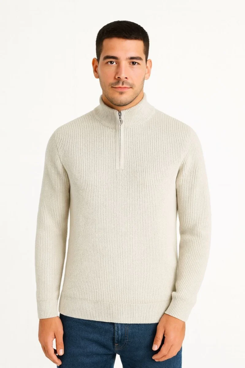 Yarım Fermuarlı Triko Kazak Bej -