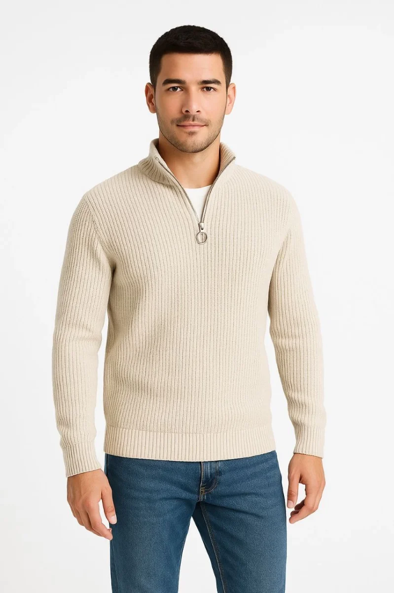 Yarım Fermuarlı Triko Kazak Bej -