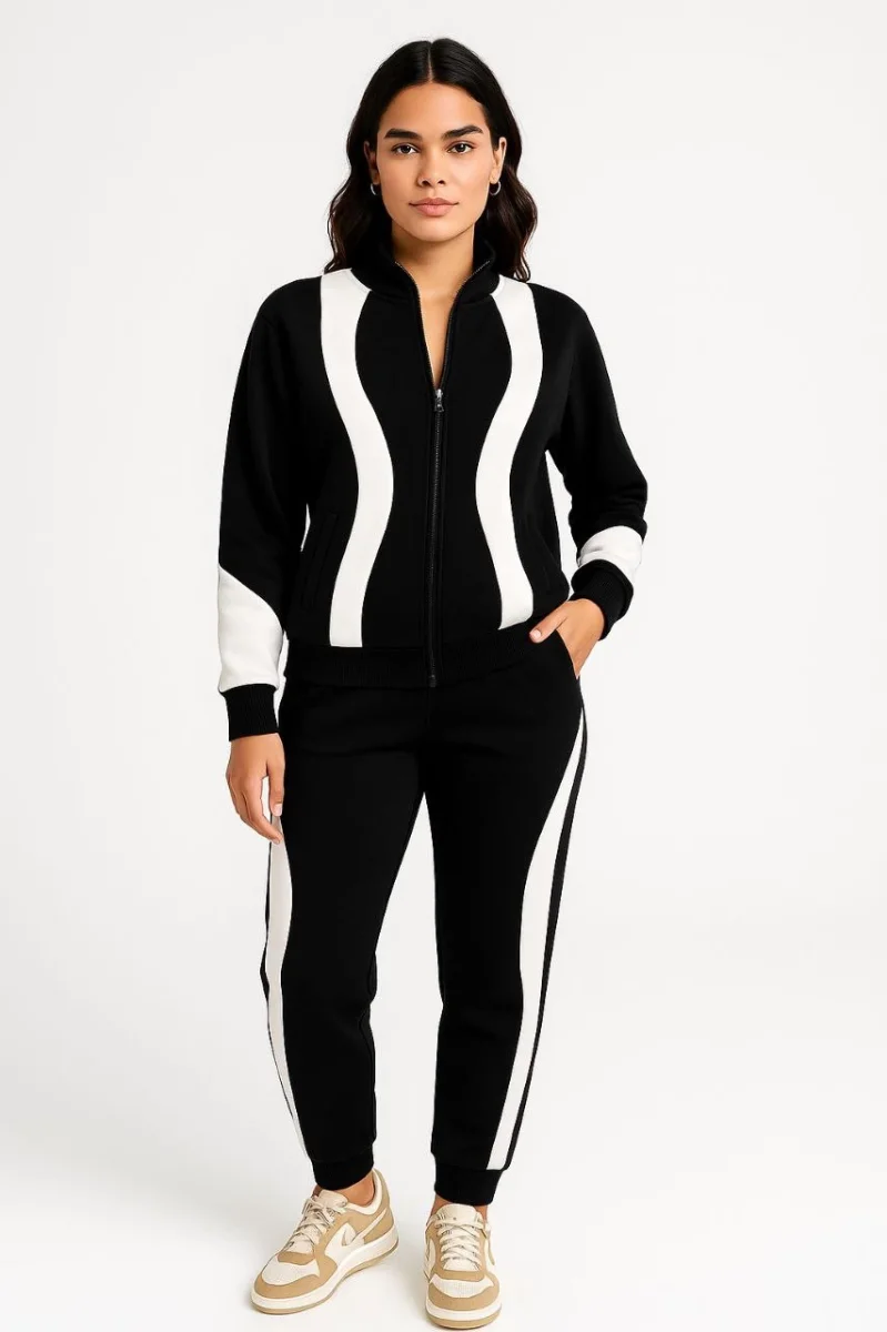 Premium Parçalı Eşofman Takım - Dik Yaka Fermuarlı Sweatshirt - Siyah -