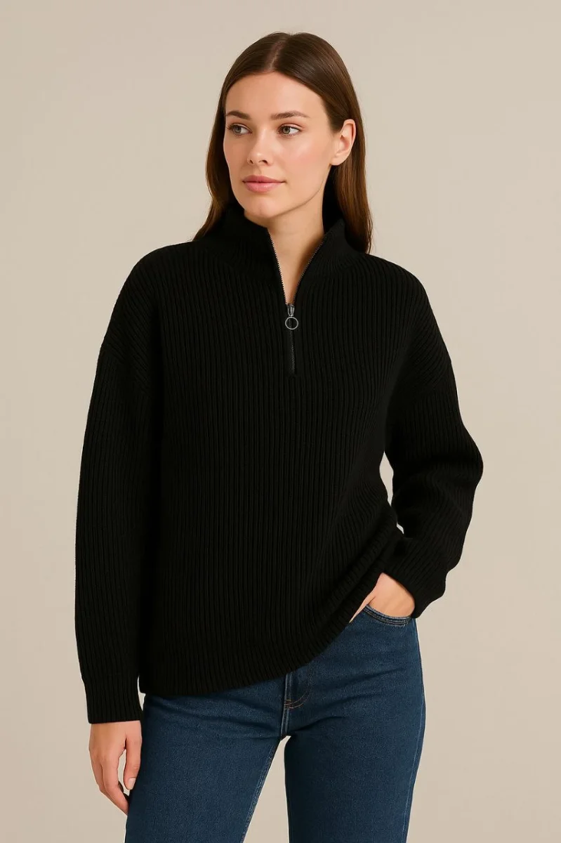 Yarım Fermuarlı Triko Kazak – Selanik Örgü -