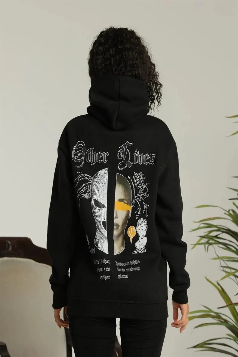 OversizeKapüşonlu Sweatshirt“Other Lives” Ön ve Arka Baskılı,Siiyah -