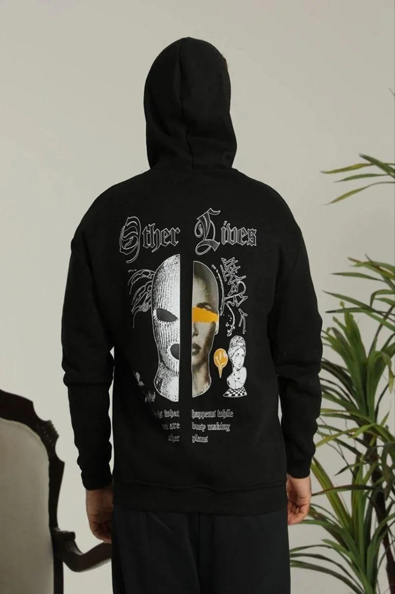 Kapşonlu Sweatshirt“Other Lives” Ön  Arka Baskılı Siyah -