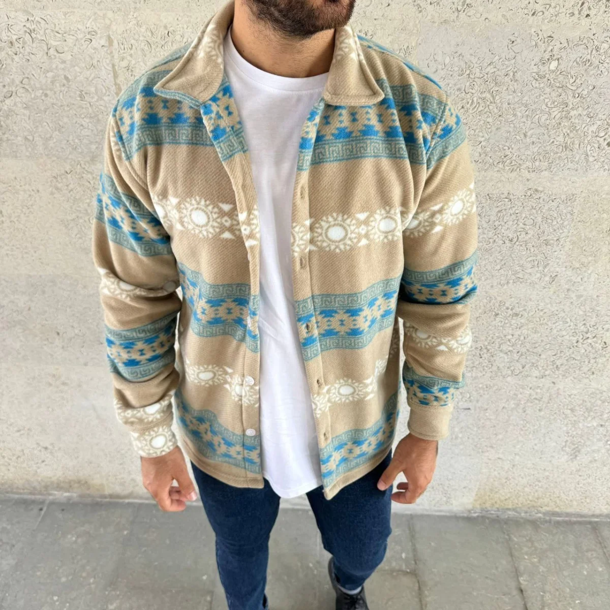 Desenli Polar Gömlek – Etnik Şerit Desen Yakalı, Uzun Kollu, Düğmeli, Oversize Rahat Kalıp - Sarı -