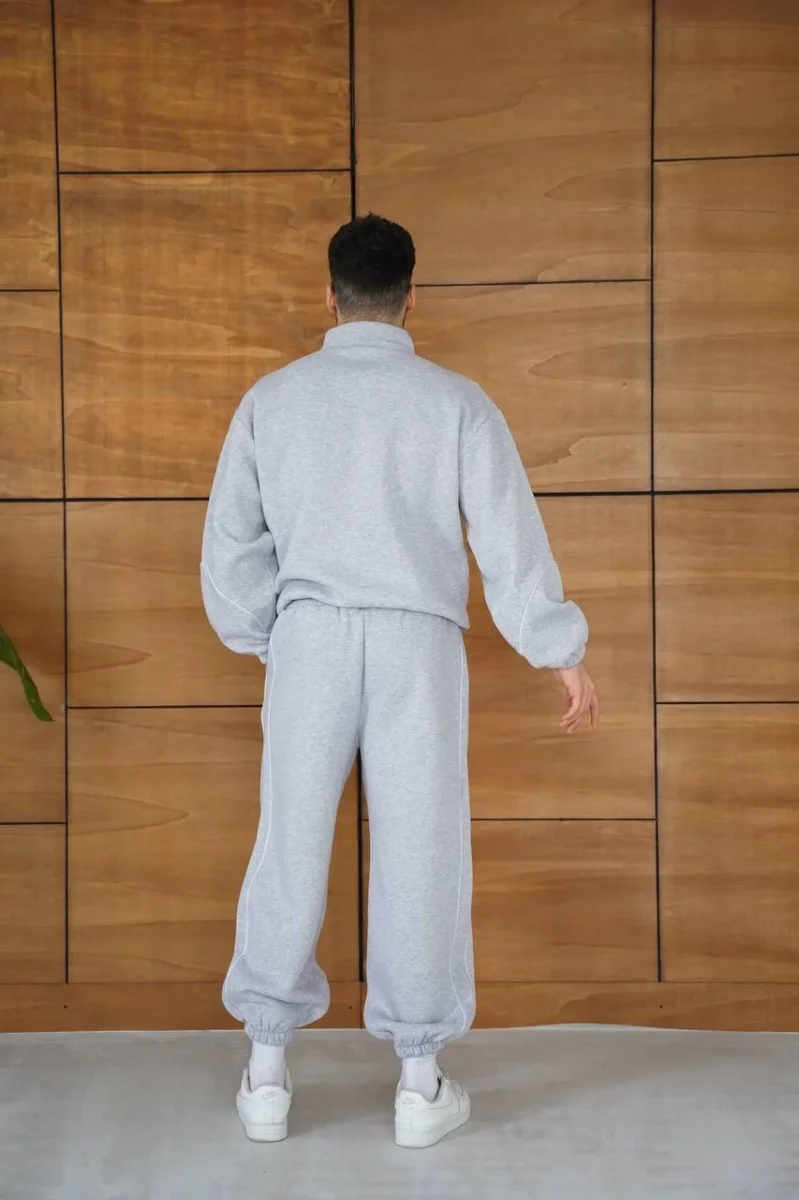 Premium Parçalı Eşofman Takım - Dik Yaka Fermuarlı Biyeli Sweatshirt Lastik Paça Alt, Oversize 3 iplik Şardonlu - Gri -