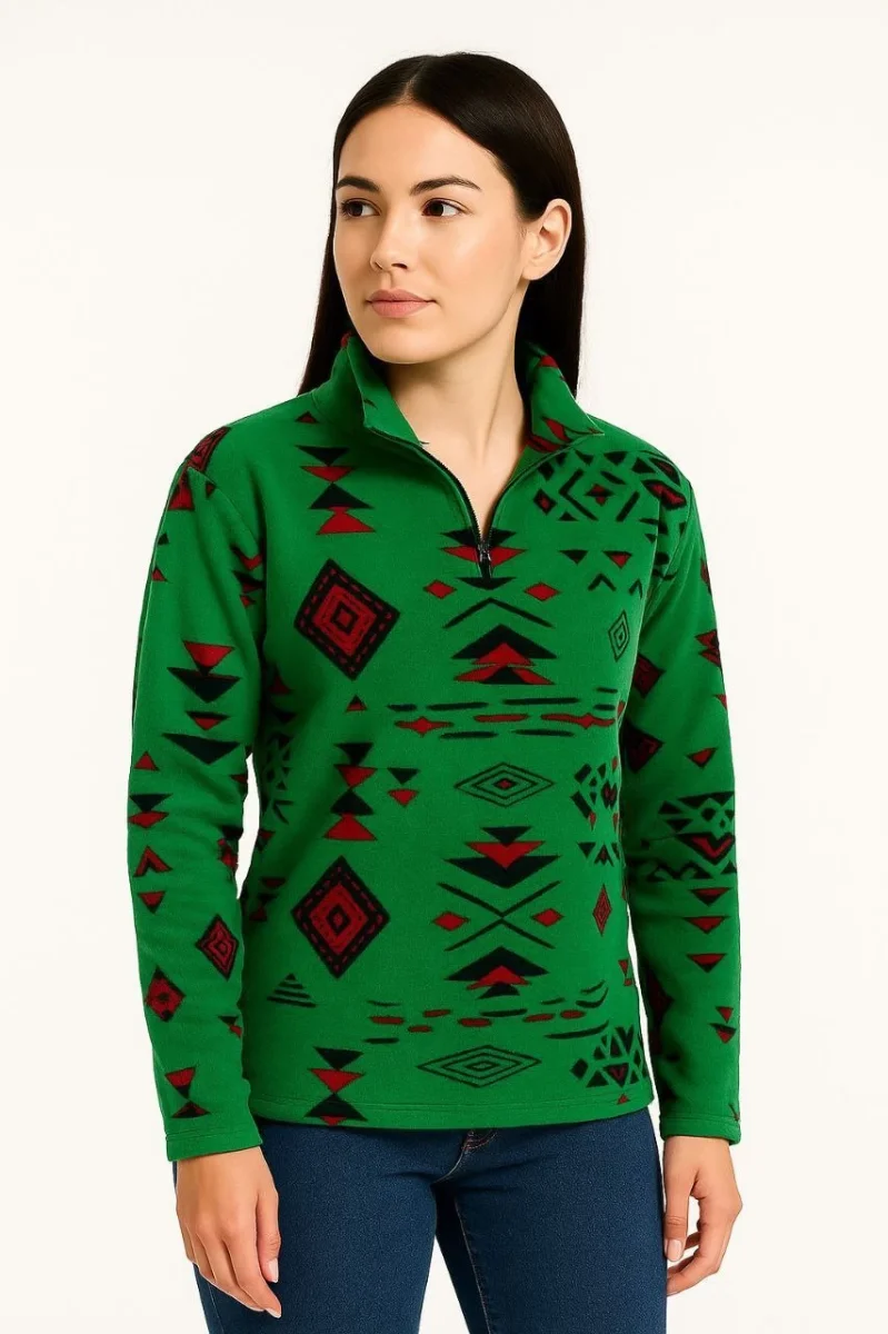 Yarım Fermuarlı Desenli Polar Sweat Tribal Etnik Desen Yakalı, Uzun Kollu, Oversize Rahat Kalıp - Yeşil -