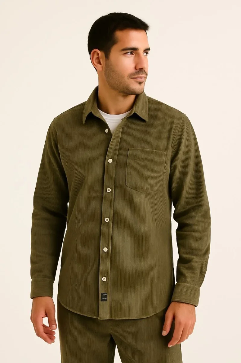 Fitilli Kadife Cepli Gömlek Oversize Rahat Kalıp - Haki