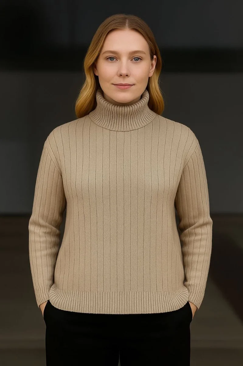 Balıkcı Yaka Bağazlı Triko Kazak Pamuklu Kalın Fitilli Dokuma - Bej