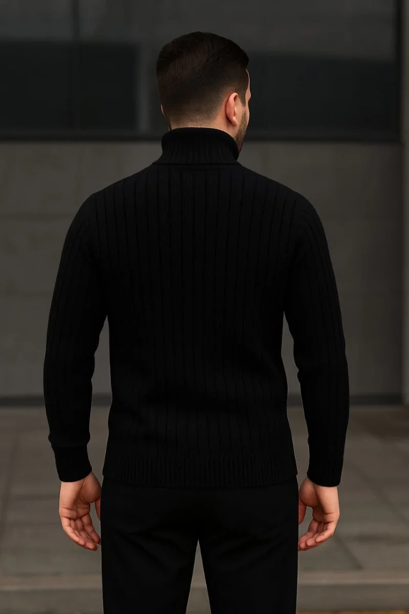 Balıkcı Yaka Bağazlı Triko Kazak Pamuklu Kalın Fitilli Dokuma, Regular- Siyah