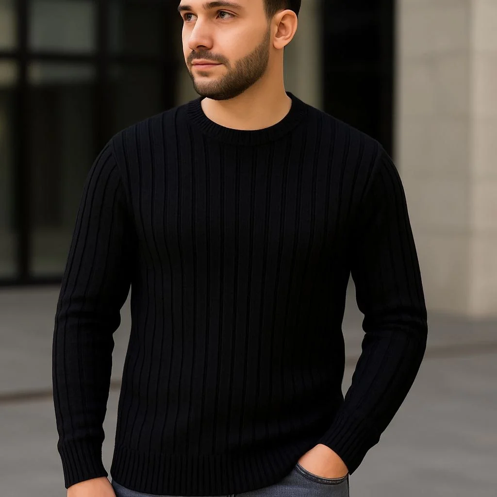 Bisiklet Yuvarlak Yaka Triko Kazak Pamuklu Kalın Fitilli Dokuma, Regular Fit Uzun Kollu Kışlık Model - Siyah