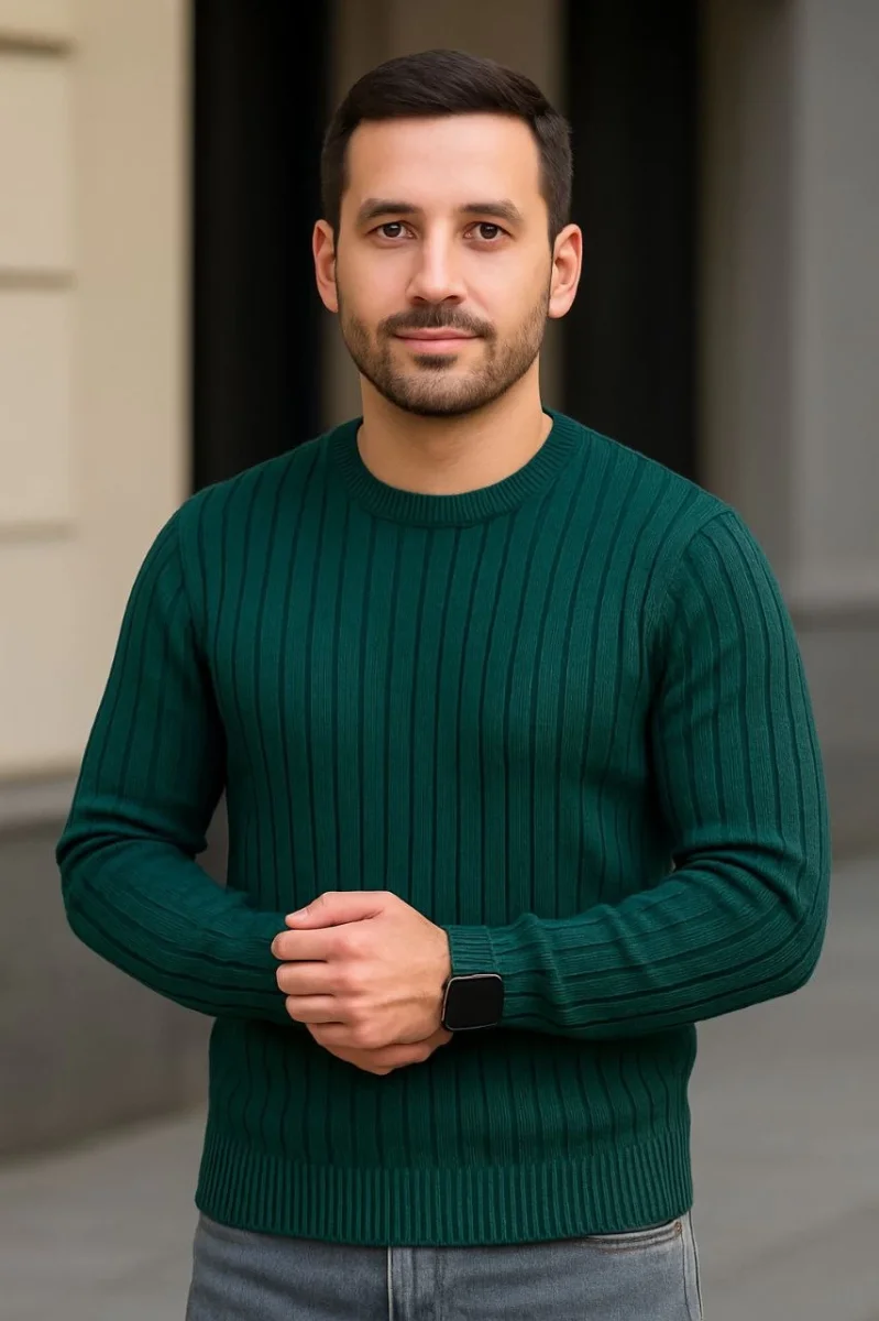 Bisiklet Yuvarlak Yaka Triko Kazak Pamuklu Kalın Fitilli Dokuma, Regular Fit Uzun Kollu Kışlık Model - Haki