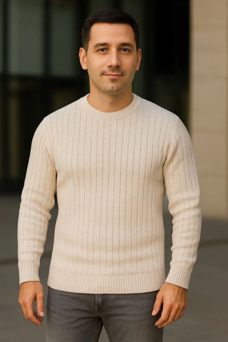 Bisiklet Yuvarlak Yaka Triko Kazak Pamuklu Kalın Fitilli Dokuma, Regular Fit Uzun Kollu Kışlık Model - Bej