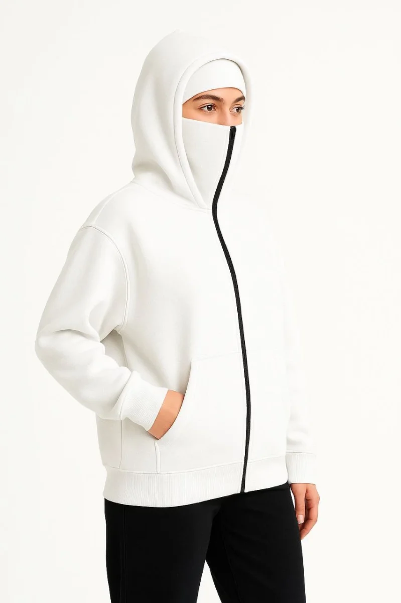 Samuray Ninja Çift Kapşonlu ZIP Fermuarlı Kanguru Çepli Hoodie Maske detaylı  sweatshirt - Beyaz