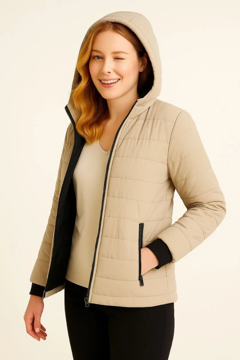 Şişme Kapüşonlu Fermuarlı Mont Su itici Kapitone Astarlı Kumaş Cepli Kışlık Rahat Kalıp - Bej