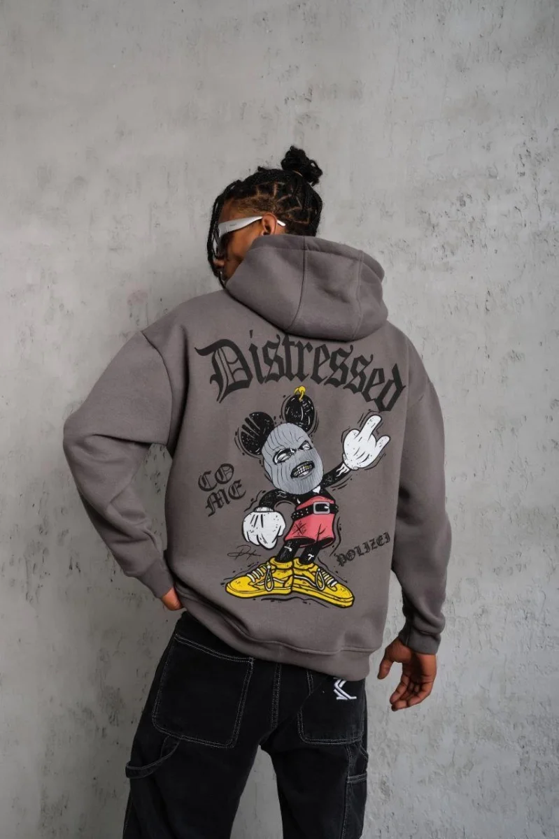 Üç İplik Baskılı Kapüşonlu Sweat - Gri