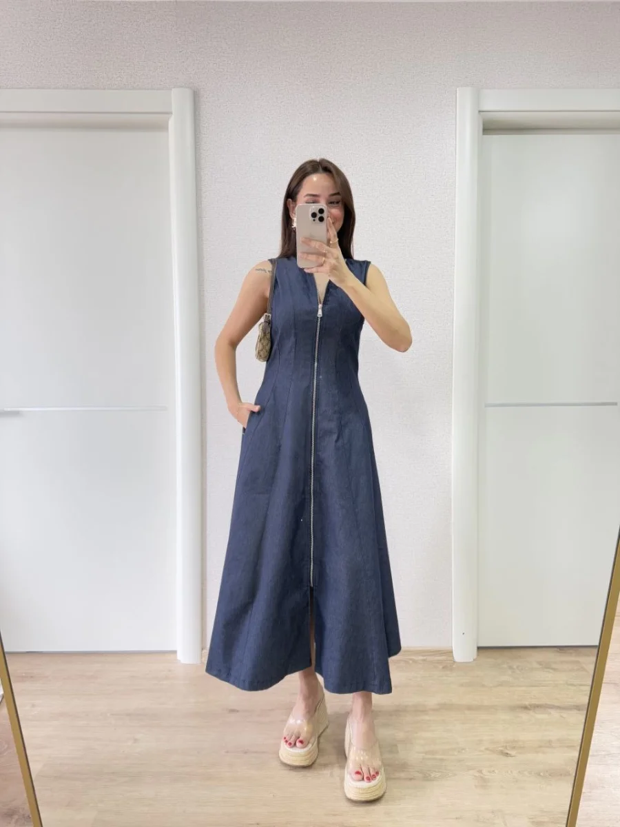 Jeans Kot Önü Tam Fermuarlı   Uzun Elbise - Mavi