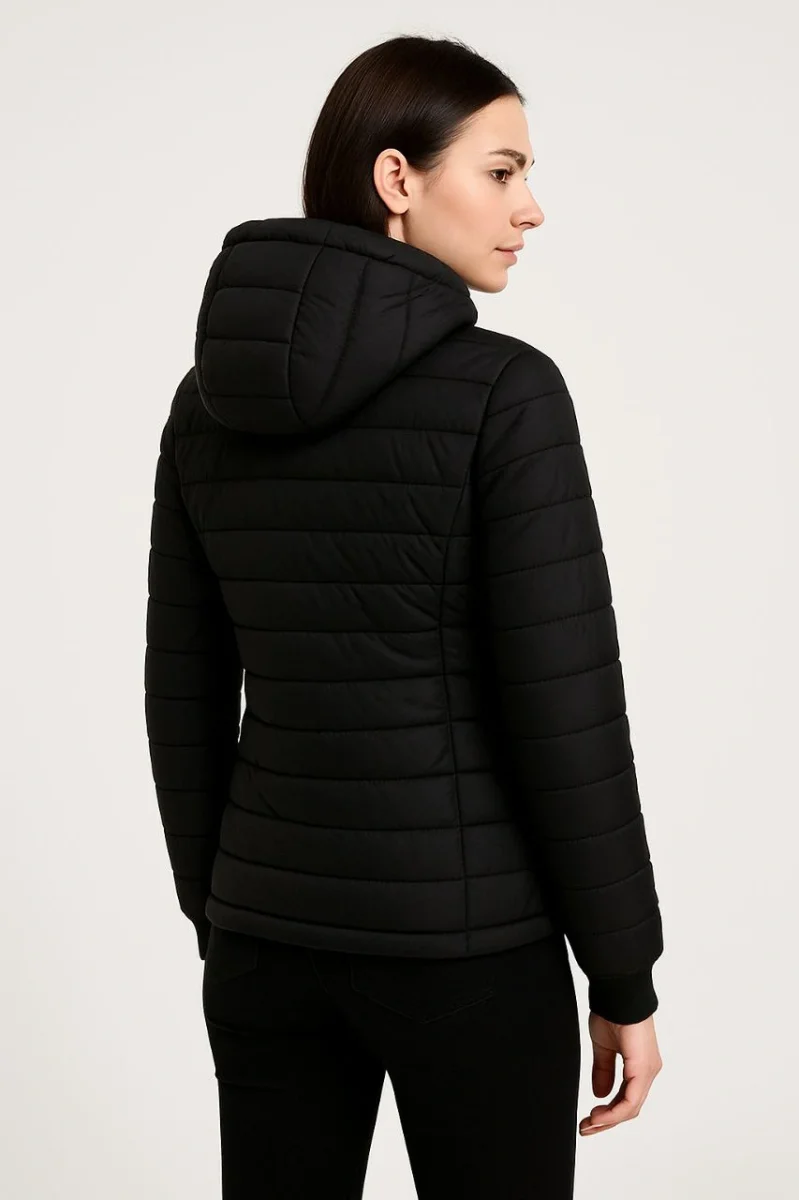 Şişme Kapüşonlu Fermuarlı Mont Su itici Kapitone Astarlı Kumaş Cepli Kışlık Rahat Kalıp - Siyah