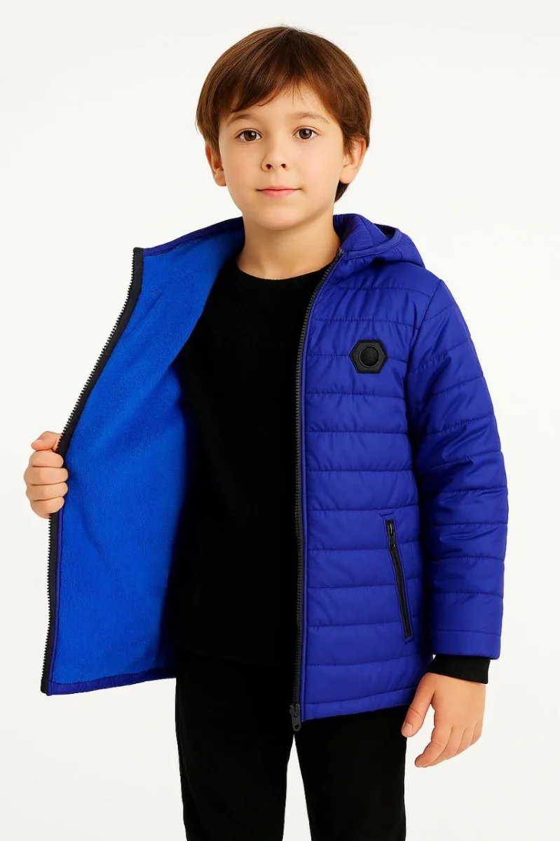 Mont İçi Pelüş kürk Astarlı, Kapüşonlu Fermuarlı Kışlık - Saks Mavisi