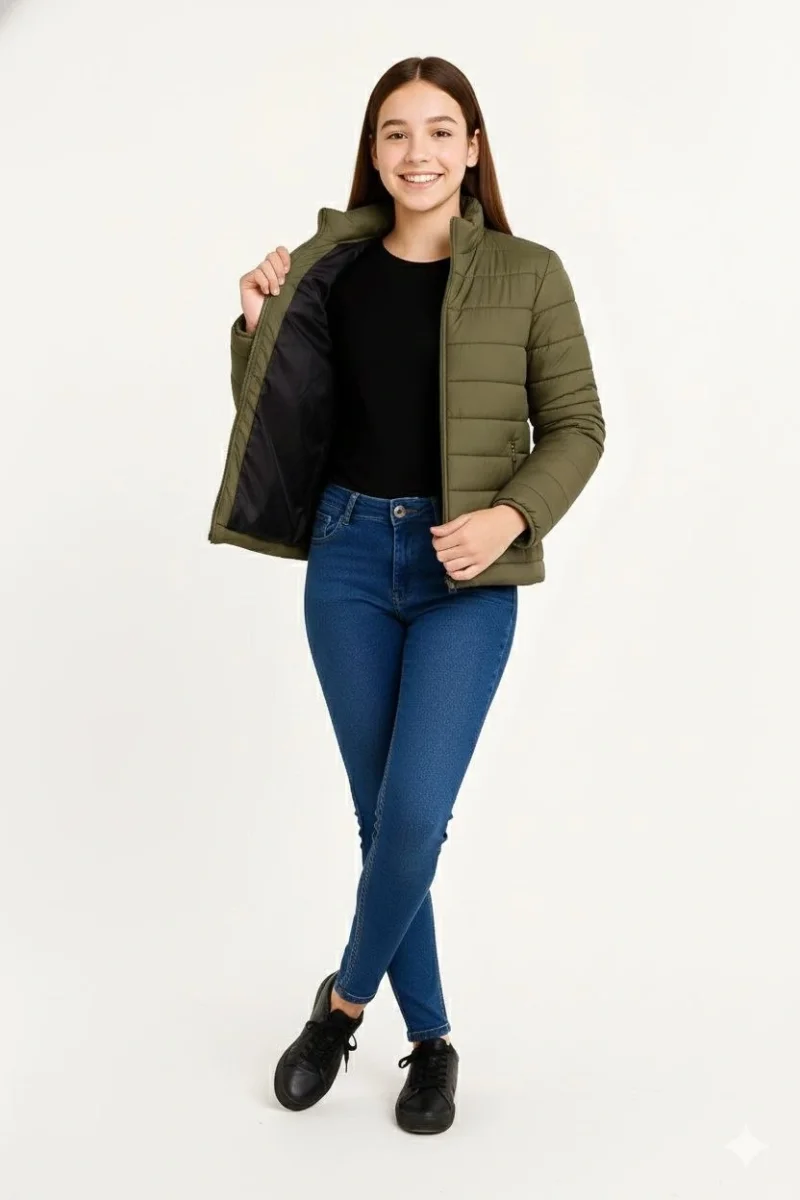 Şişme Mont Hafif ve Sıcak Tutucu Kışlık Fermuarlı Su İtici Rahat Günlük Mont Kapüşonuz Modern Tasarım - Haki