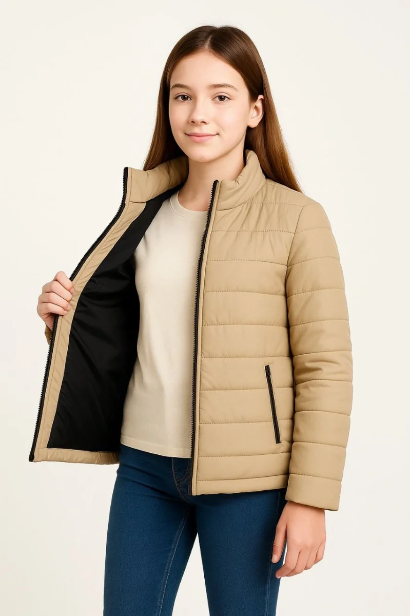 Şişme Mont Hafif ve Sıcak Tutucu Kışlık Fermuarlı Su İtici Rahat Günlük Mont Kapüşonuz Modern Tasarım - Bej