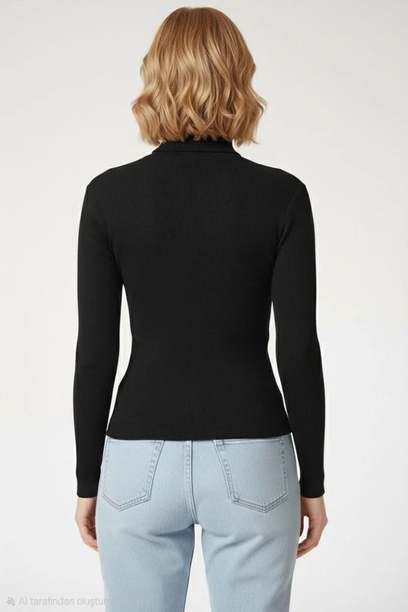 Tam Boğazlı Fitilli Likrali Kaşkorse Badi İnce Uzun Kollu Kazak - Siyah