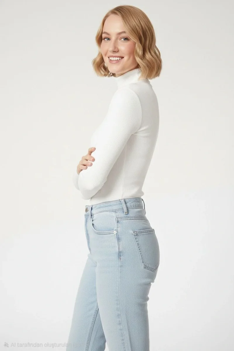 Tam Boğazlı Fitilli Likrali Kaşkorse Badi İnce Uzun Kollu Kazak - Beyaz