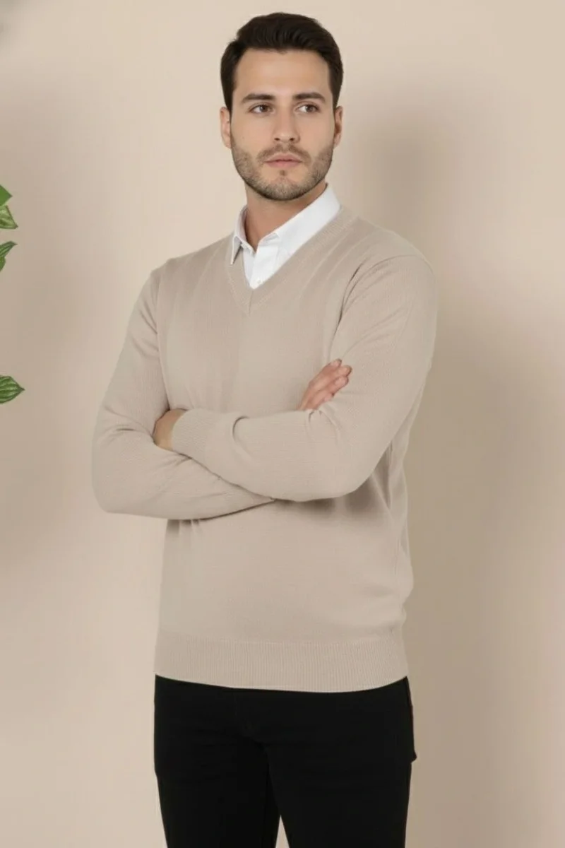 V Yaka Triko Kazak yumuşak dokulu Pamuklu ince Dokuma, uzun kollu Rahat Regular kalıp - Bej