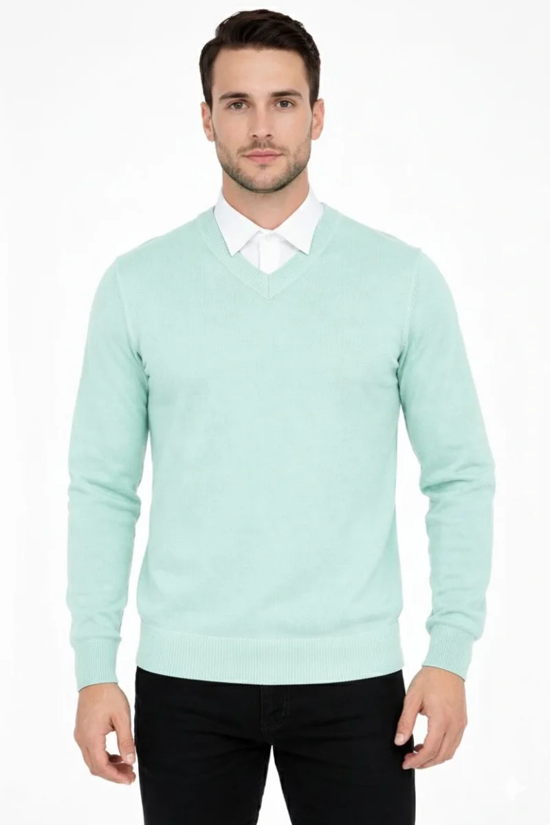 V Yaka Triko Kazak yumuşak dokulu Pamuklu ince Dokuma, uzun kollu Rahat Regular kalıp - Mint Yeşili