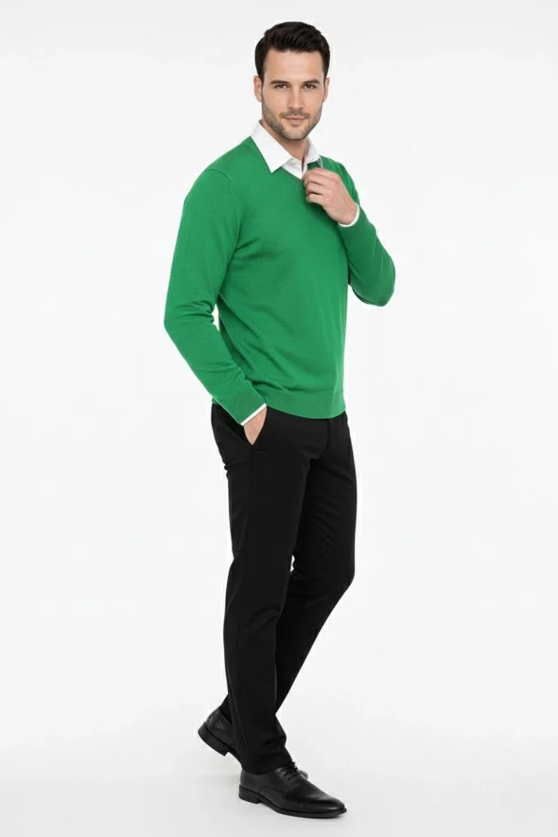 V Yaka Triko Kazak yumuşak dokulu Pamuklu ince Dokuma, uzun kollu Rahat Regular kalıp - Çimen Yeşili