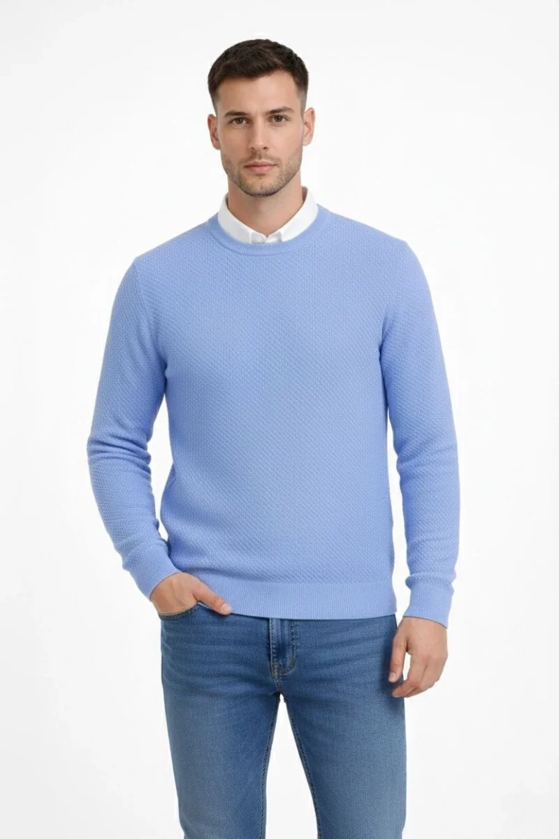 Bisiklet Yaka Petekli dokulu Triko Kazak Pamuklu ince Dokuma, uzun kollu Rahat Regular kalıp - Mavi